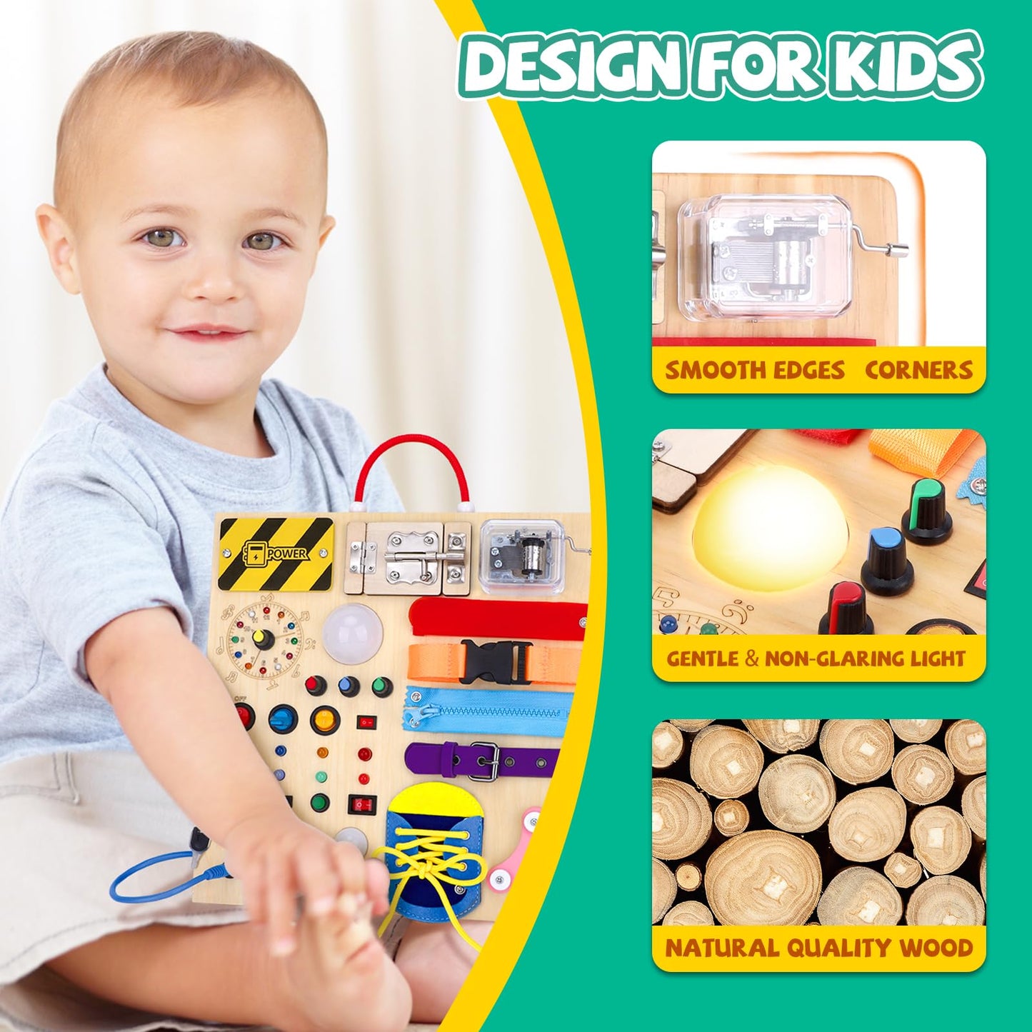Busy Board, Montessori Toy for 1-3 Years Old, Wooden Toddler Sensory Travel Toy, Ideal Gift for 1+ Year Old Boys (Busy Board Plus V2), Medium, Yellow