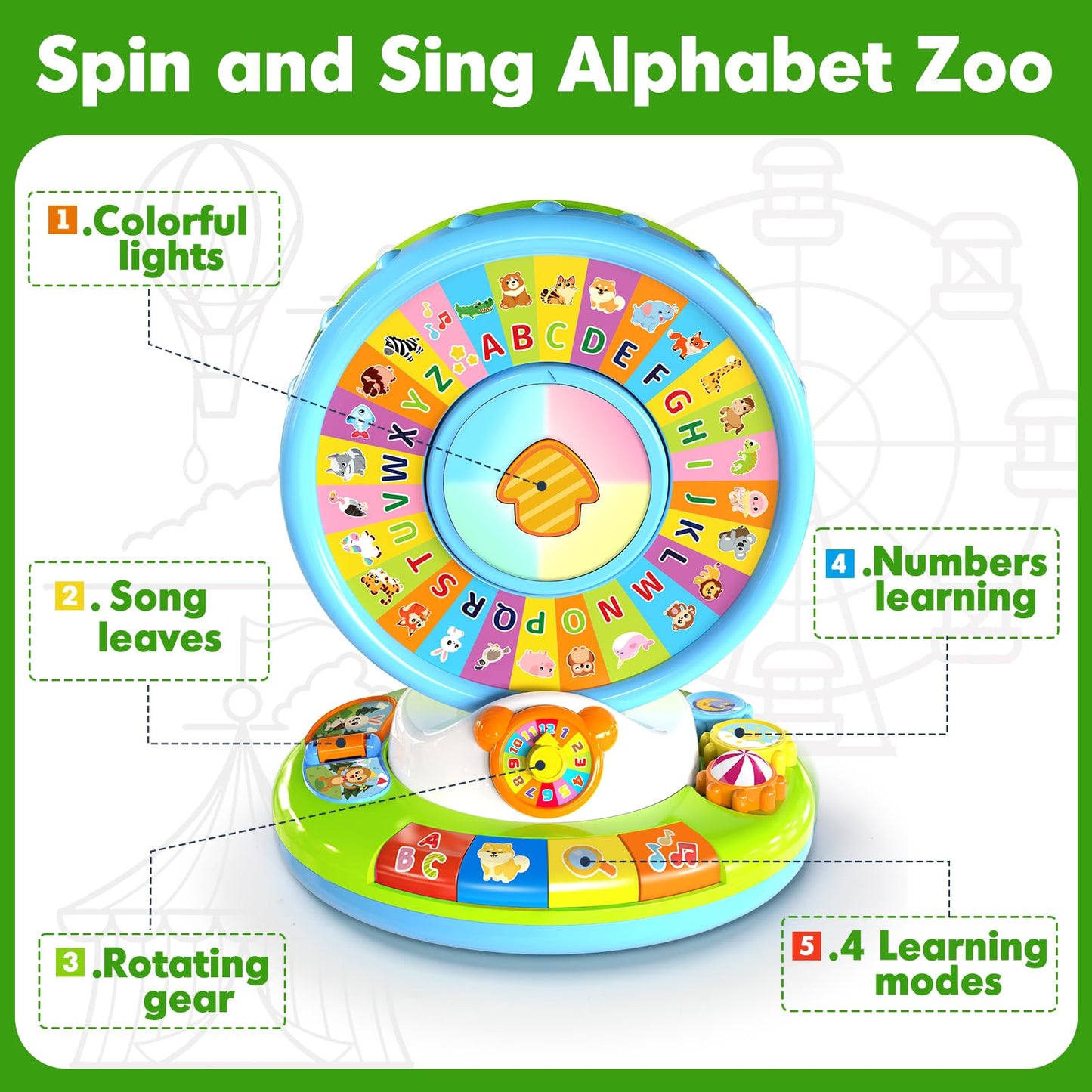 Toys for 1 2 3 Years Old Boys Girls, Musical Spin & Sing Alphabet Zoo with Lights & Sounds, Learning Educational Toys for Toddler 1-3, Christmas Birthday Gifts for Baby Kids Age 6-9-12-18 Months