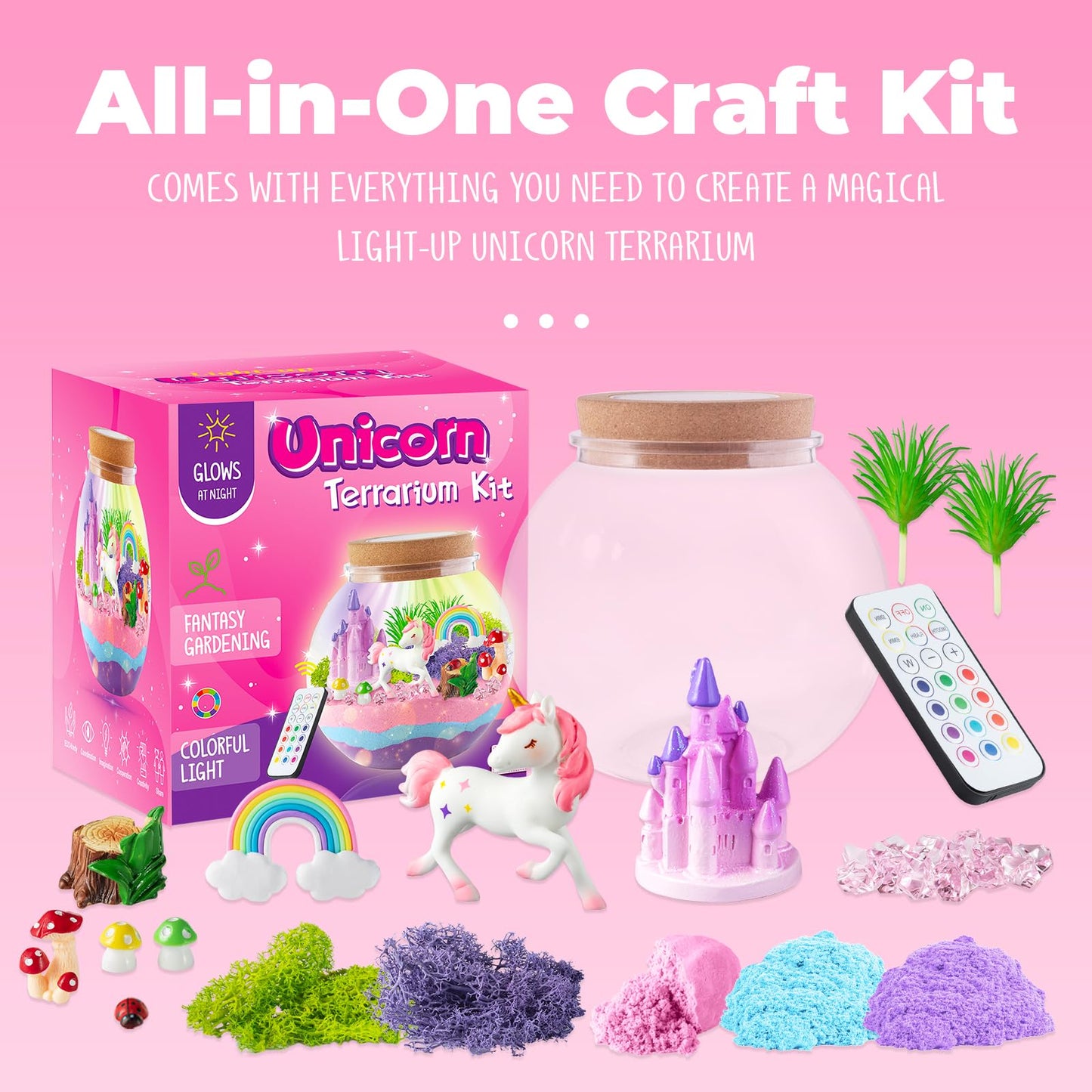 JOYEEMAX Unicorn Light-Up Terrarium Kit for Kids - LED Night Light - DIY Arts and Crafts Kit for Girls Ages 4-12
