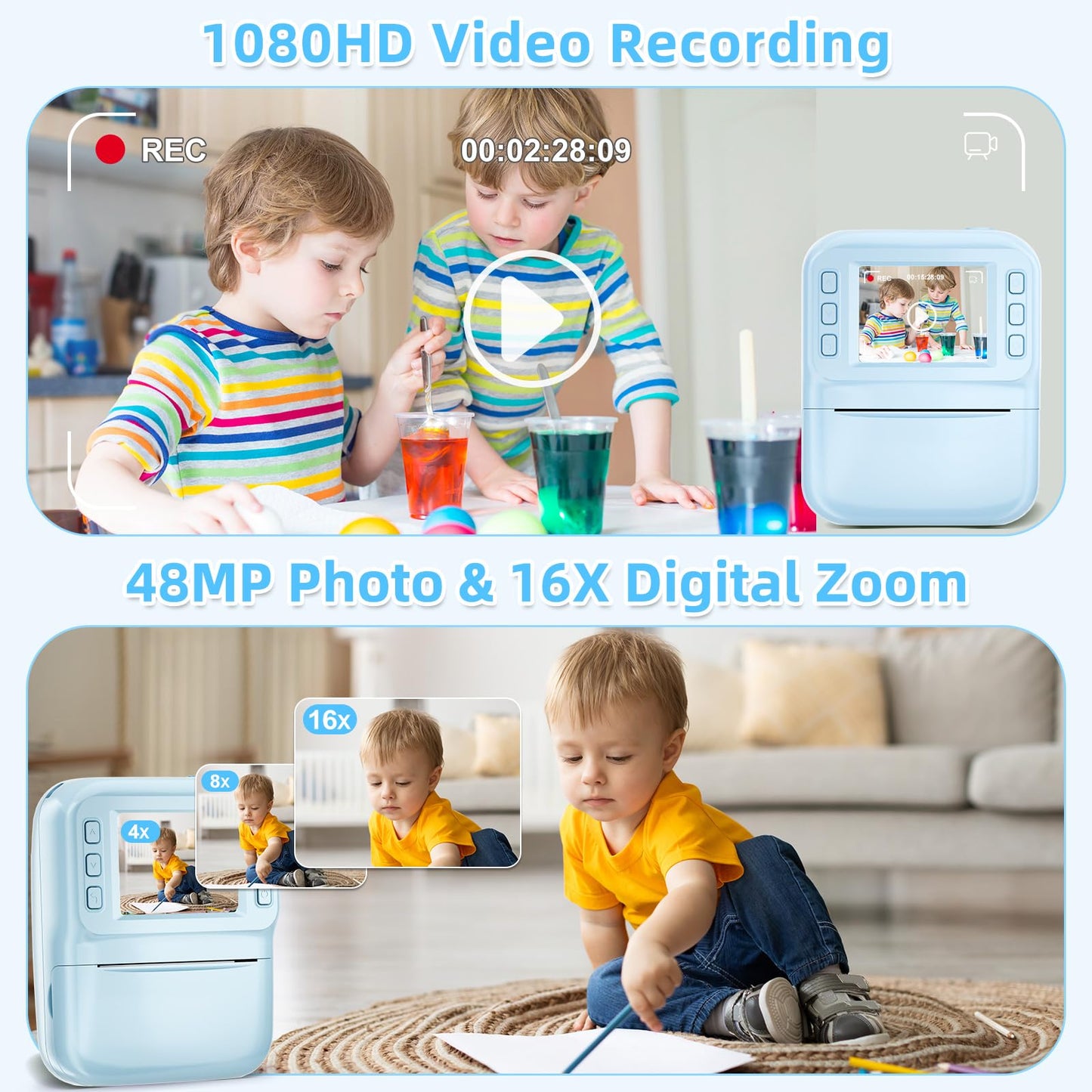 MINIBEAR Instant Print Camera for Kids Camera for Girls 48MP Kids Digital Camera, Toddler Selfie Video Camera Children Camera Christmas Birthday Gifts Toys for 3 4 5 6 7 8 9 10 Year Old Girls, Pink