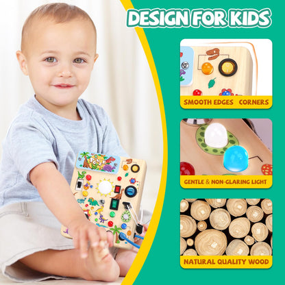 Busy Board, Montessori Toy for 1-3 Years Old, Wooden Toddler Sensory Travel Toy, Ideal Gift for 1+ Year Old Boys (Busy Board Plus V2), Medium, Yellow