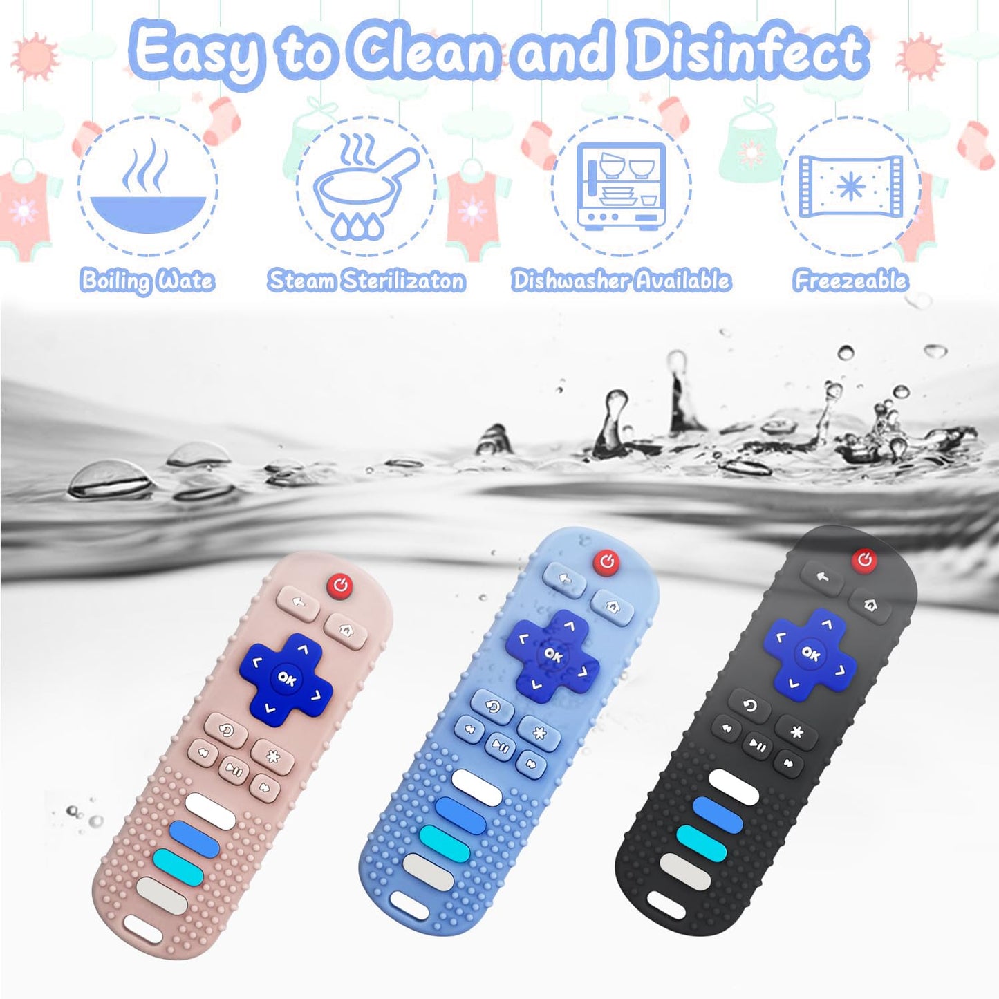 YAPROMO Baby Teething Toys,Reomte Teether Toys, Silicone Chew Toy for Babies 18+ Months, Remote Control Shape Teething Toys, Early Educational Toy BPA Free & Refrigerator Safe (Black02 & Pink01)