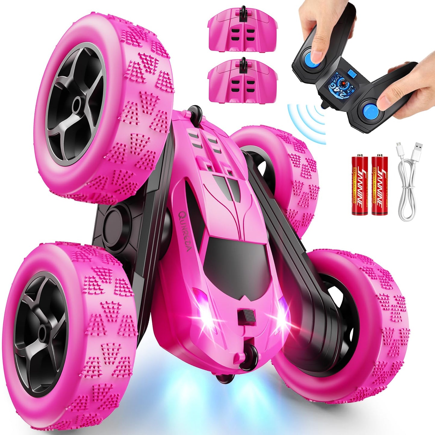 Remote Control Car, RC Cars Toys for Kids Ages 6-12, 4WD Stunt Car with LED Lights & 360° Flips, 2.4GHz, Upgraded USB-C Modular Batteries, 8-10 Year Old Boys Birthday Gift 1-Blue