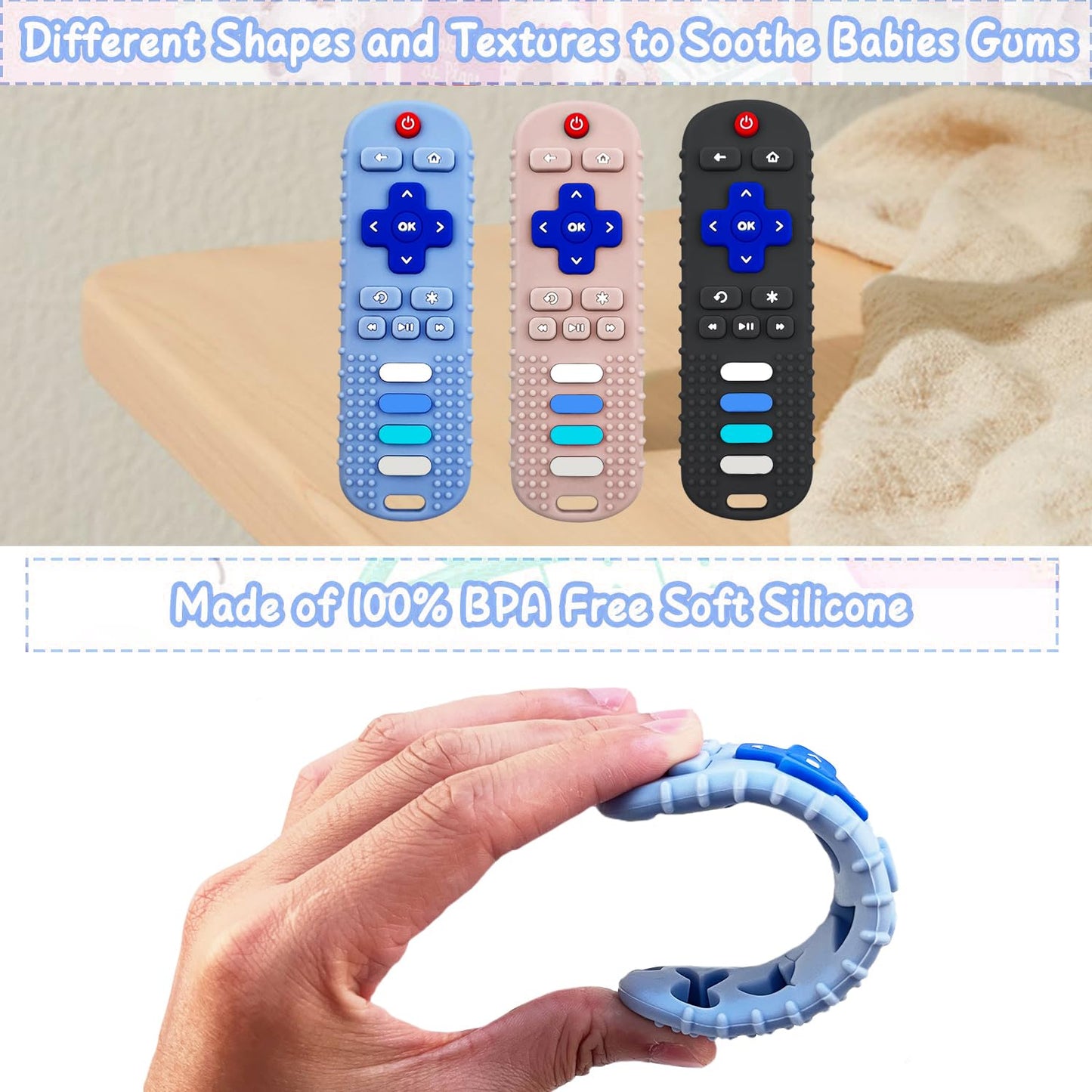 YAPROMO Baby Teething Toys,Reomte Teether Toys, Silicone Chew Toy for Babies 18+ Months, Remote Control Shape Teething Toys, Early Educational Toy BPA Free & Refrigerator Safe (Black02 & Pink01)