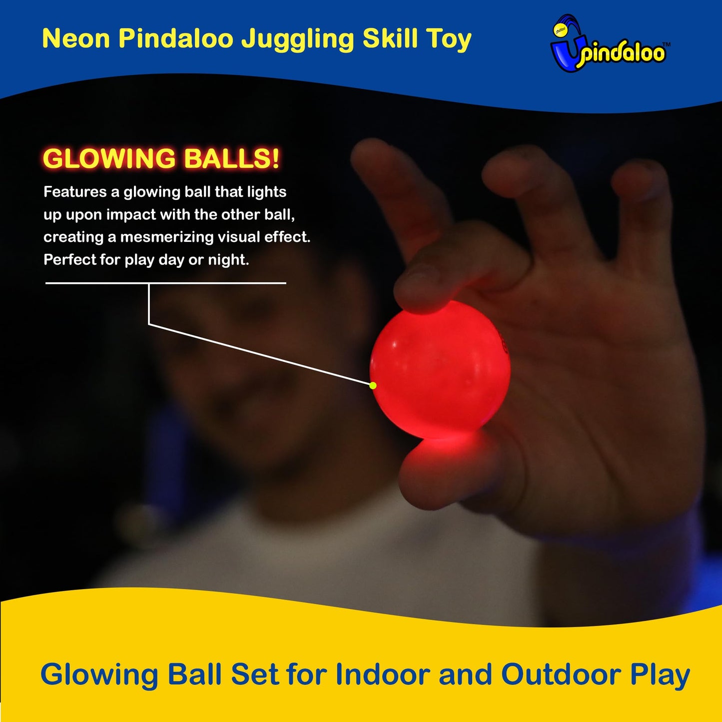 pindaloo Original Led Light Neon Skill Game with 2 Balls- Gifts for Kids and Adults Indoor & Outdoor Games, Girls, & Teens - Gift Ideas, Fun Stuff, Develops Motor & Juggling Skills (Neon)