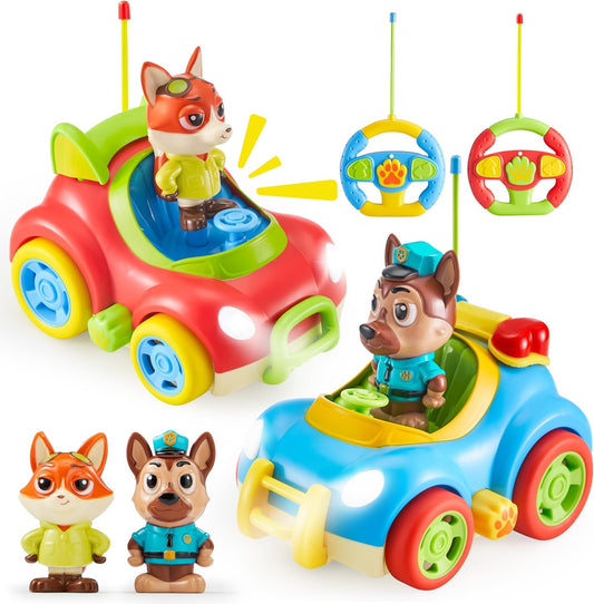 Remote Control Car for Toddlers, 2 Pack RC Cars with Figure Bump & Ejection Play, Kids Cartoon Toys with LED Lights, Music, Volume Control, Christmas Birthday Gift for Boys & Girls