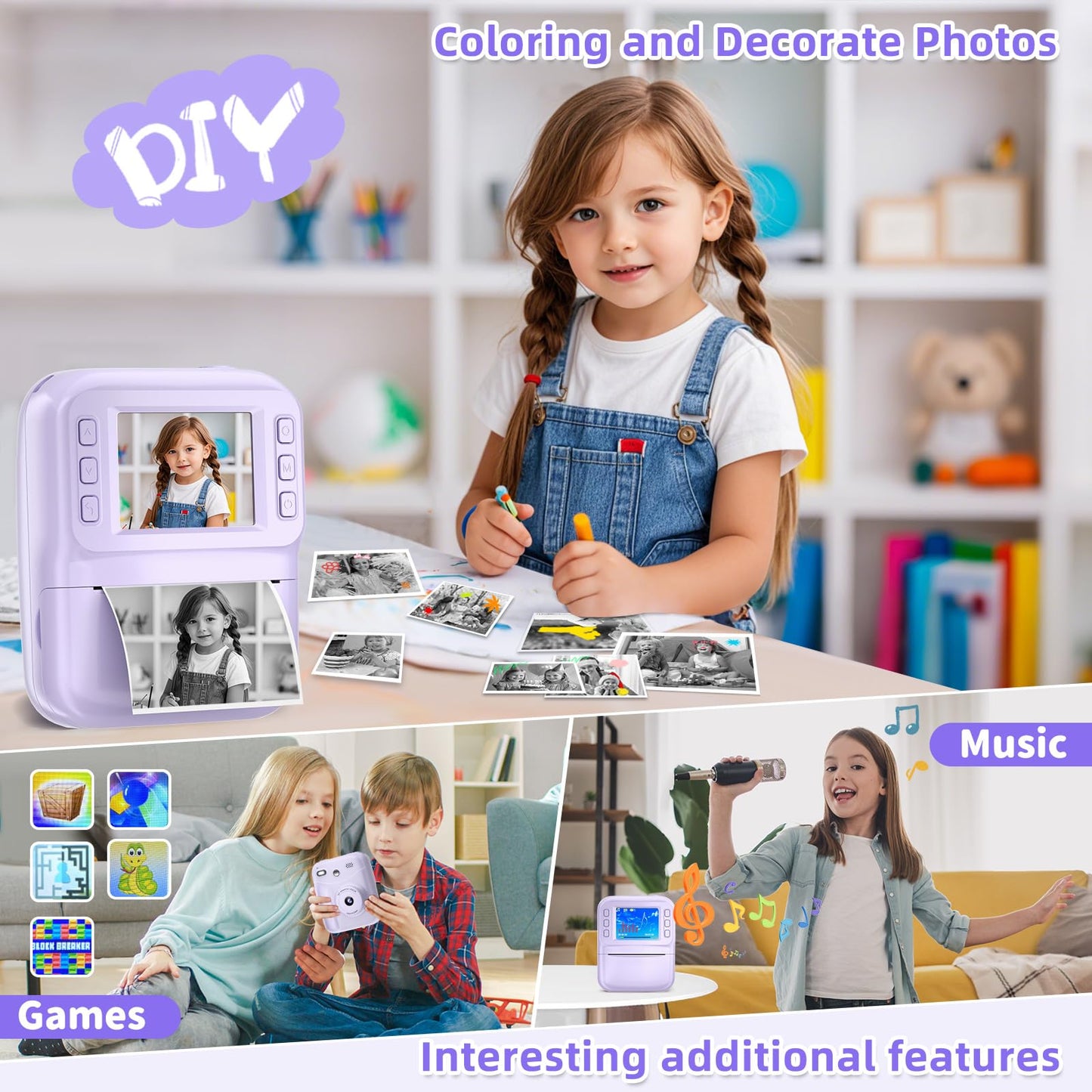MINIBEAR Instant Print Camera for Kids Camera for Girls 48MP Kids Digital Camera, Toddler Selfie Video Camera Children Camera Christmas Birthday Gifts Toys for 3 4 5 6 7 8 9 10 Year Old Girls, Pink