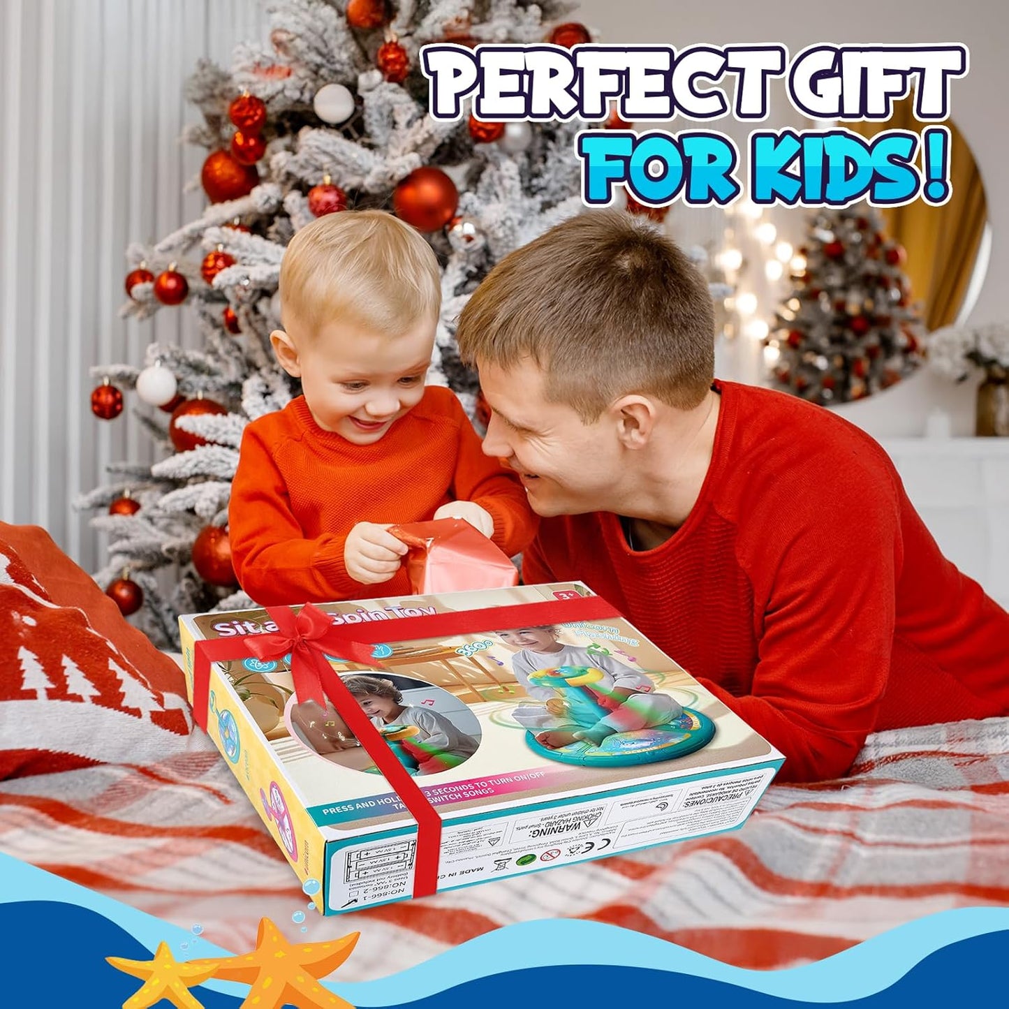 Sit and Spin, Christmas Birthday Gift Toddlers Sit and Spin Toy for 1-2 3 4 Years Old Girl Boy, 360° Ocean Interactive Sensory Spinning Toys for Ages 2-10 Kids LED & Sound with Free Stickers