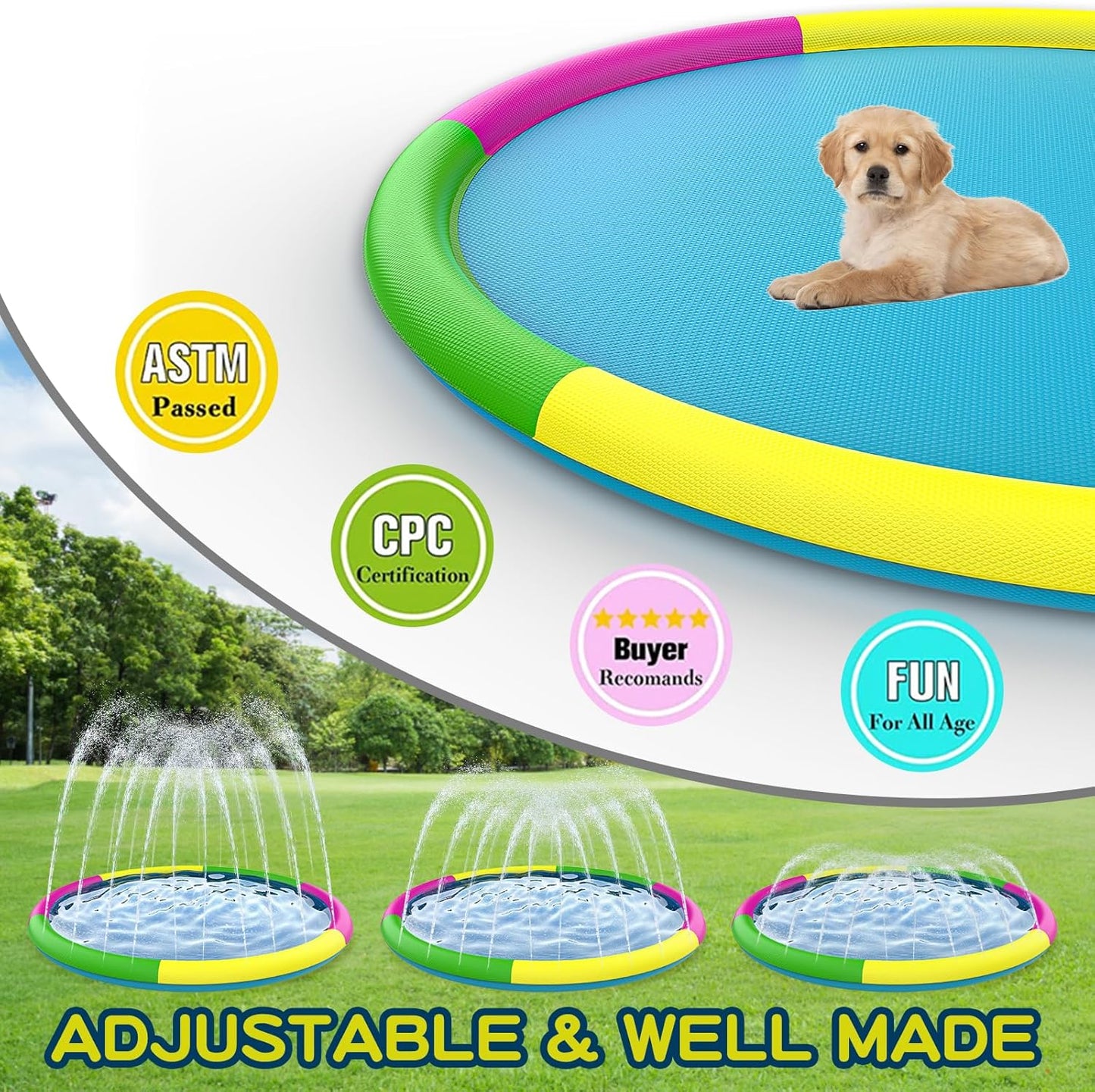 Growsland Splash Pad for Toddlers, Outdoor Sprinkler for Kids, 67" Summer Water Toys Inflatable Wading Baby Pool Fun Gifts for 3 4 5 6 7 8 9 Years Old Boy Girl Backyard Garden Lawn Outdoor Games