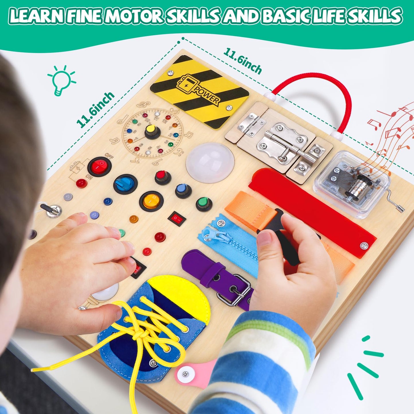 Busy Board, Montessori Toy for 1-3 Years Old, Wooden Toddler Sensory Travel Toy, Ideal Gift for 1+ Year Old Boys (Busy Board Plus V2), Medium, Yellow