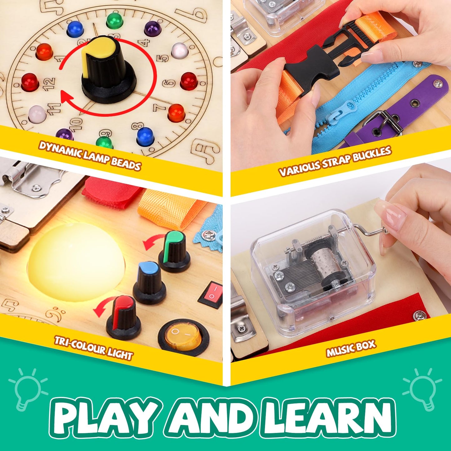 Busy Board, Montessori Toy for 1-3 Years Old, Wooden Toddler Sensory Travel Toy, Ideal Gift for 1+ Year Old Boys (Busy Board Plus V2), Medium, Yellow
