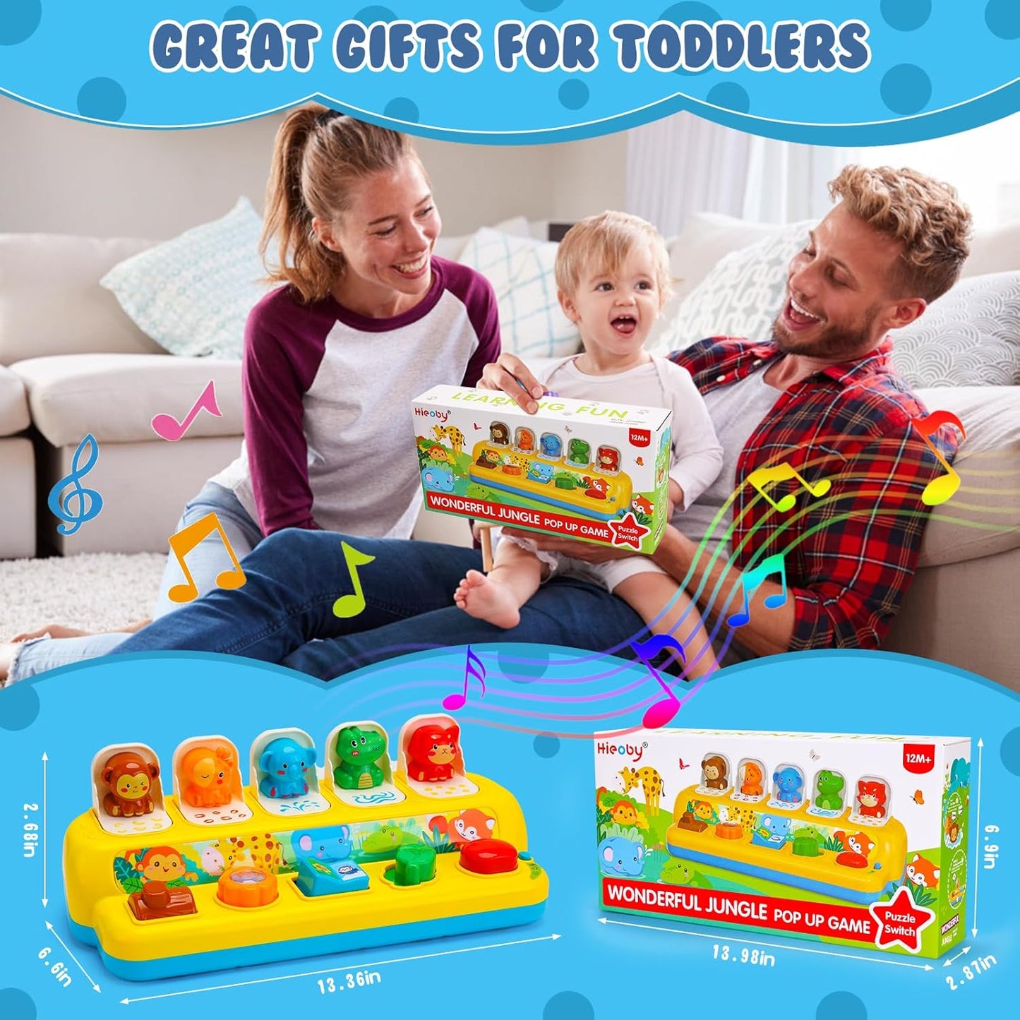 Interactive Pop up Animal Toys with Music & Light, Montessori Cause and Effect for 1 Year Old Boy Girl Early Learning Musical Baby 9-12-18 Months STEM Toddler Age 1-2 Gift Infant 35165M