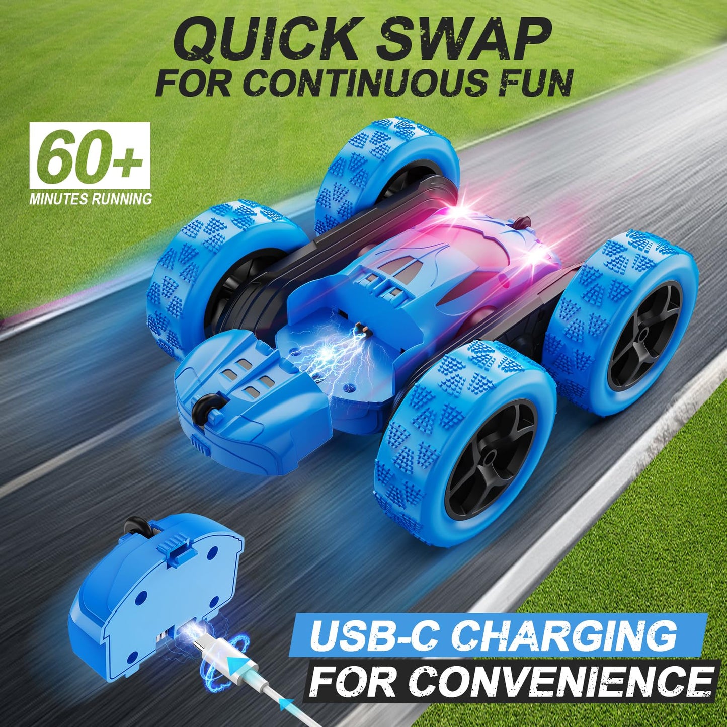 Remote Control Car, RC Cars Toys for Kids Ages 6-12, 4WD Stunt Car with LED Lights & 360° Flips, 2.4GHz, Upgraded USB-C Modular Batteries, 8-10 Year Old Boys Birthday Gift 1-Blue