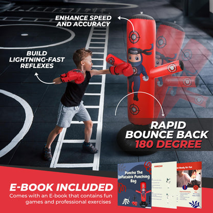 PUNCHO Inflatable Punching Bag for Kids - 63" Boxing Ninja Punching Bag Toy Set for Kids - Karate Gifts for Boys and Girls Age 3-12 - Durable Boxing Equipment for Kidz with Boxing Gloves, Pump, eBook