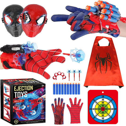 Superhero Costume Spider Web String Launcher Slinging Toy Set, Includes 2 Web Shooters, 2 Gloves, 2 Hero Masks, 1 Dart Board and 1 Cape, Ideal for Kids Indoor Outdoor Imaginative Role-Playing
