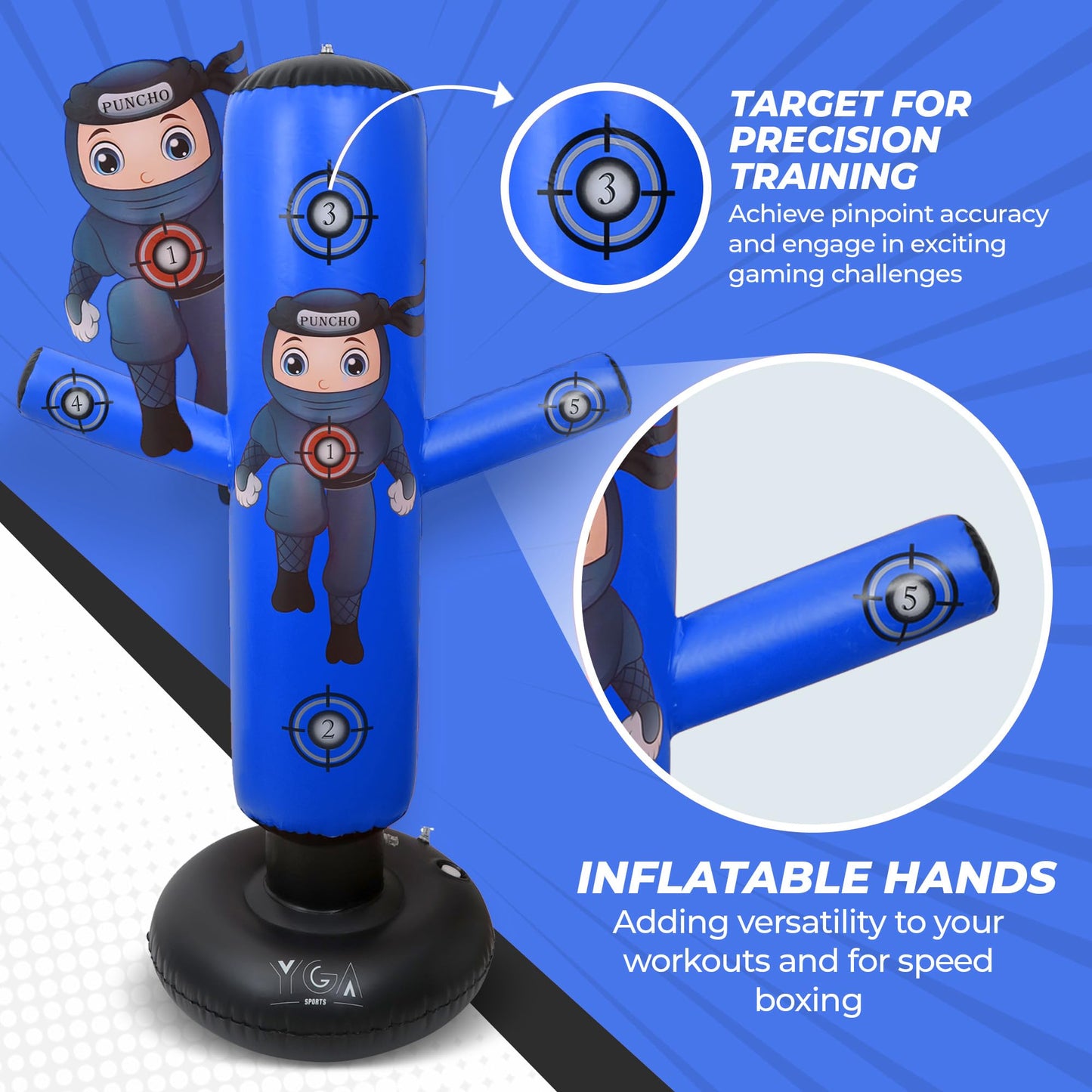 PUNCHO Inflatable Punching Bag for Kids - 63" Boxing Ninja Punching Bag Toy Set for Kids - Karate Gifts for Boys and Girls Age 3-12 - Durable Boxing Equipment for Kidz with Boxing Gloves, Pump, eBook
