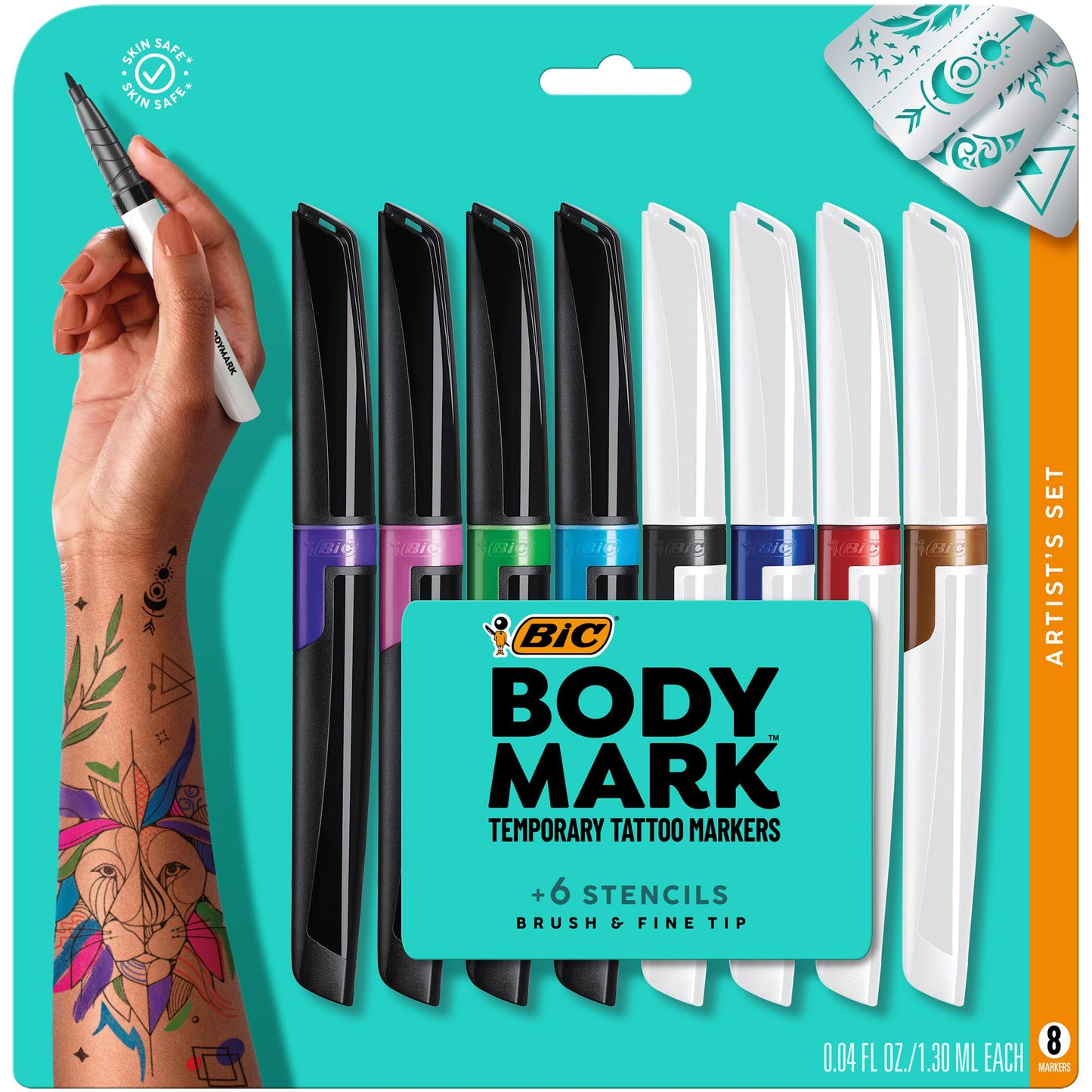 BodyMark Temporary Tattoo Markers, 8-Count Color Collection, Skin-Safe & Cosmetic Quality, Cruelty-Free, Long-Lasting, Flexible Brush Tip, Stencils Included