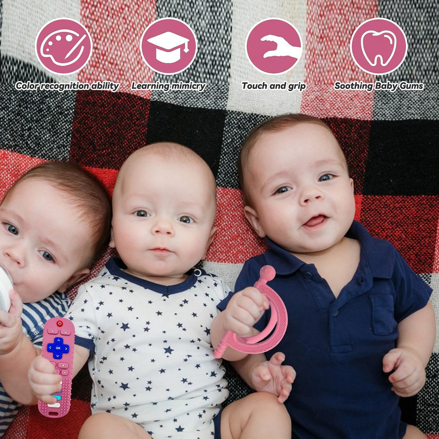 YAPROMO Baby Teething Toys,Reomte Teether Toys, Silicone Chew Toy for Babies 18+ Months, Remote Control Shape Teething Toys, Early Educational Toy BPA Free & Refrigerator Safe (Black02 & Pink01)