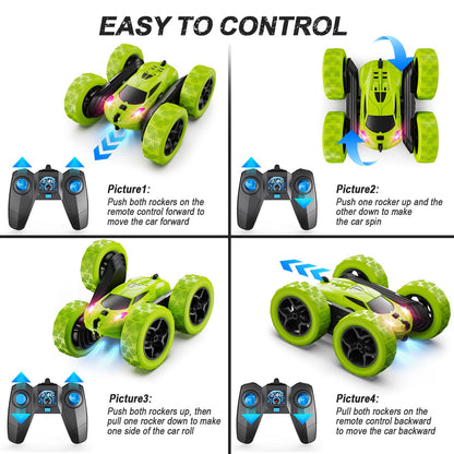 Remote Control Car, RC Cars Toys for Kids Ages 6-12, 4WD Stunt Car with LED Lights & 360° Flips, 2.4GHz, Upgraded USB-C Modular Batteries, 8-10 Year Old Boys Birthday Gift 1-Blue