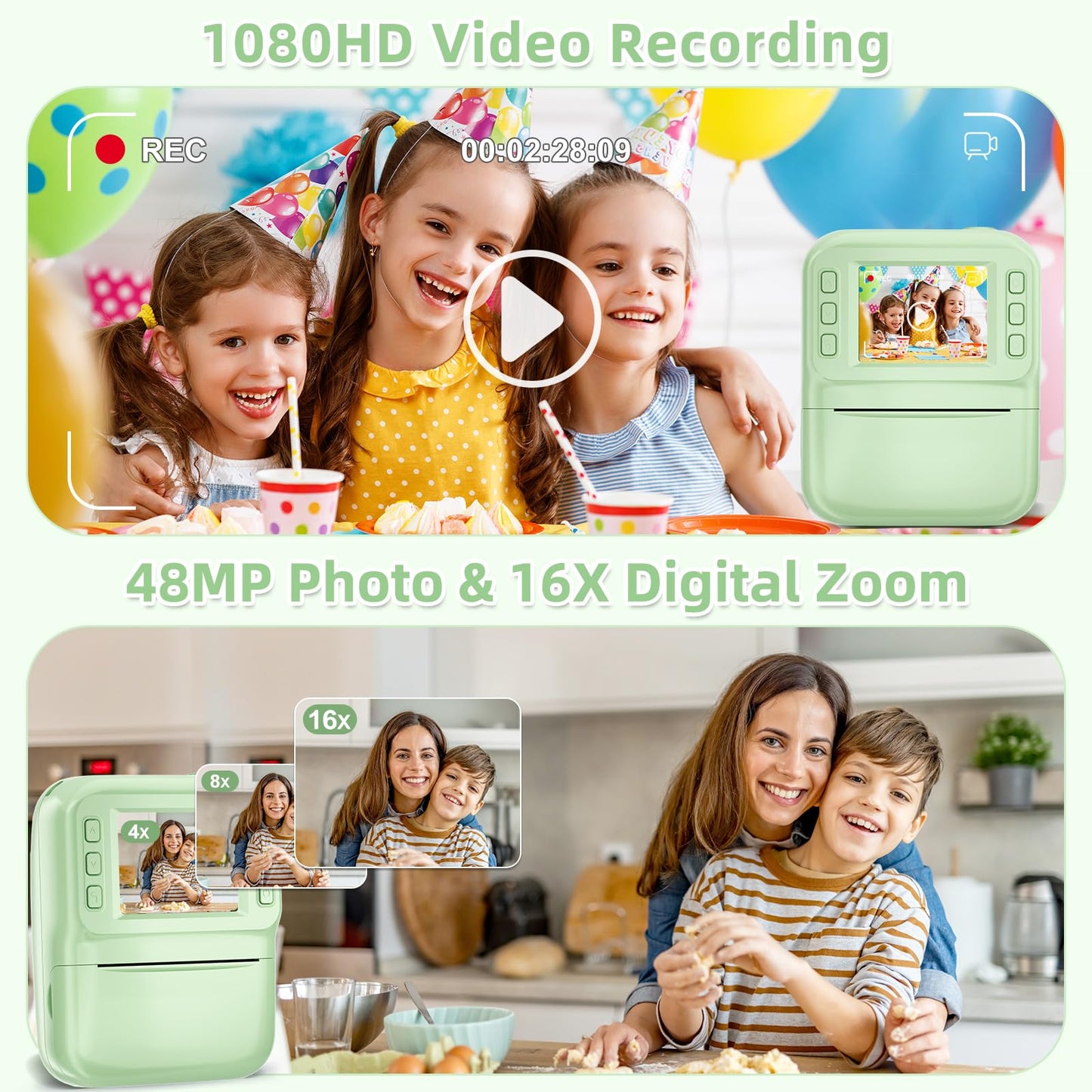 MINIBEAR Instant Print Camera for Kids Camera for Girls 48MP Kids Digital Camera, Toddler Selfie Video Camera Children Camera Christmas Birthday Gifts Toys for 3 4 5 6 7 8 9 10 Year Old Girls, Pink
