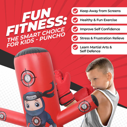 PUNCHO Inflatable Punching Bag for Kids - 63" Boxing Ninja Punching Bag Toy Set for Kids - Karate Gifts for Boys and Girls Age 3-12 - Durable Boxing Equipment for Kidz with Boxing Gloves, Pump, eBook