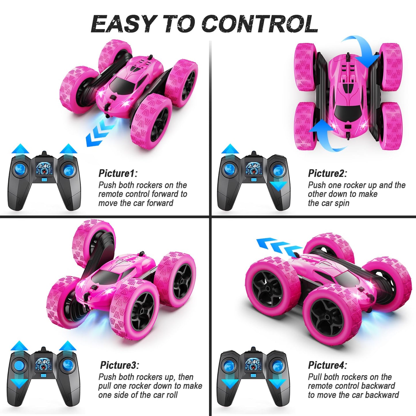 Remote Control Car, RC Cars Toys for Kids Ages 6-12, 4WD Stunt Car with LED Lights & 360° Flips, 2.4GHz, Upgraded USB-C Modular Batteries, 8-10 Year Old Boys Birthday Gift 1-Blue