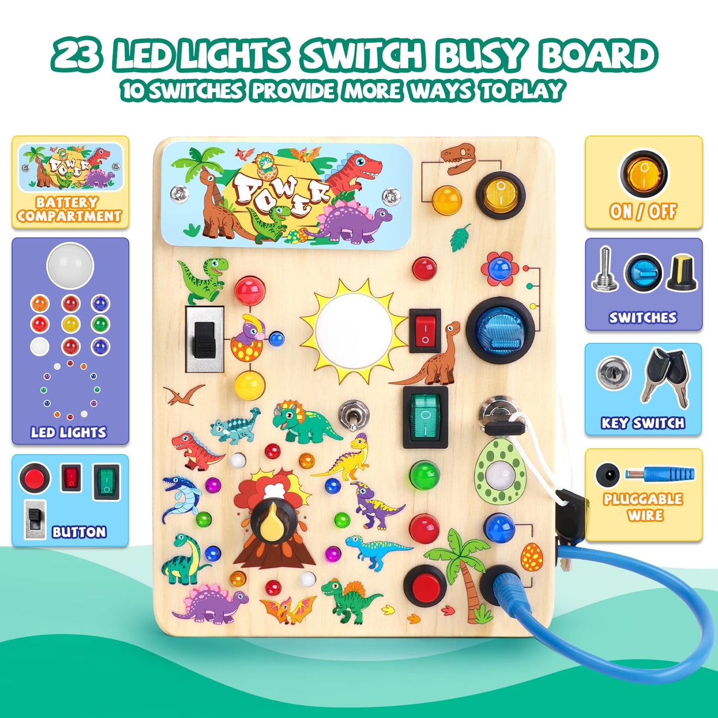 Busy Board, Montessori Toy for 1-3 Years Old, Wooden Toddler Sensory Travel Toy, Ideal Gift for 1+ Year Old Boys (Busy Board Plus V2), Medium, Yellow