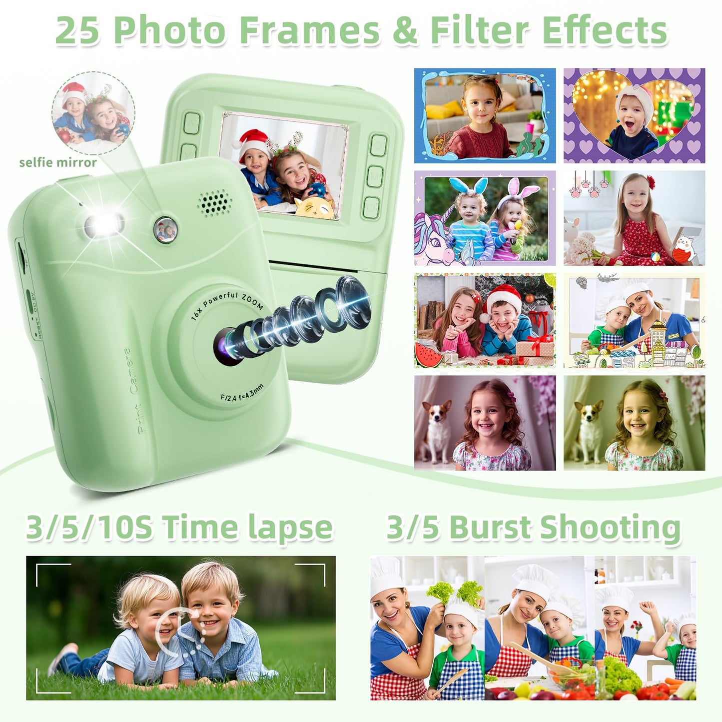MINIBEAR Instant Print Camera for Kids Camera for Girls 48MP Kids Digital Camera, Toddler Selfie Video Camera Children Camera Christmas Birthday Gifts Toys for 3 4 5 6 7 8 9 10 Year Old Girls, Pink