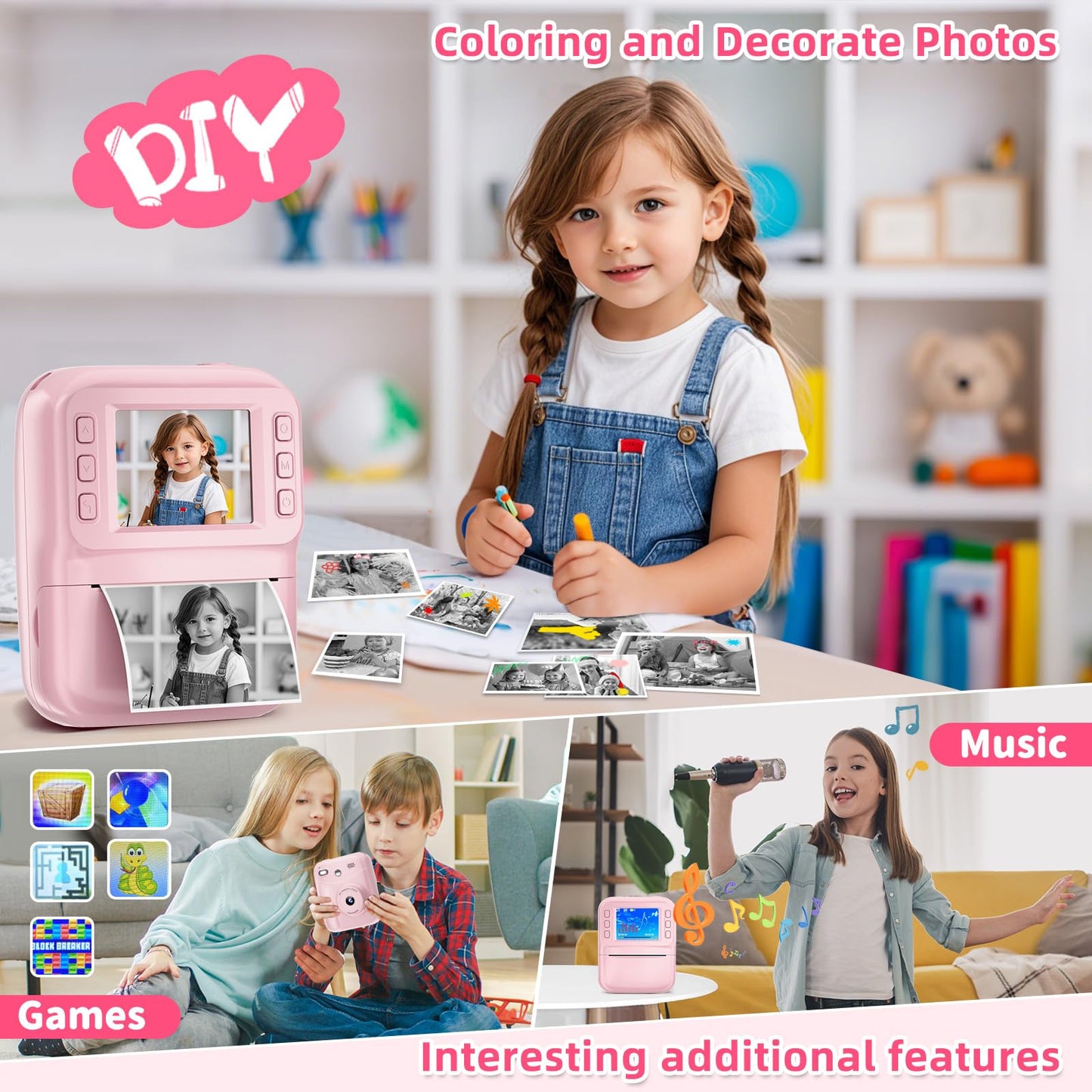 MINIBEAR Instant Print Camera for Kids Camera for Girls 48MP Kids Digital Camera, Toddler Selfie Video Camera Children Camera Christmas Birthday Gifts Toys for 3 4 5 6 7 8 9 10 Year Old Girls, Pink