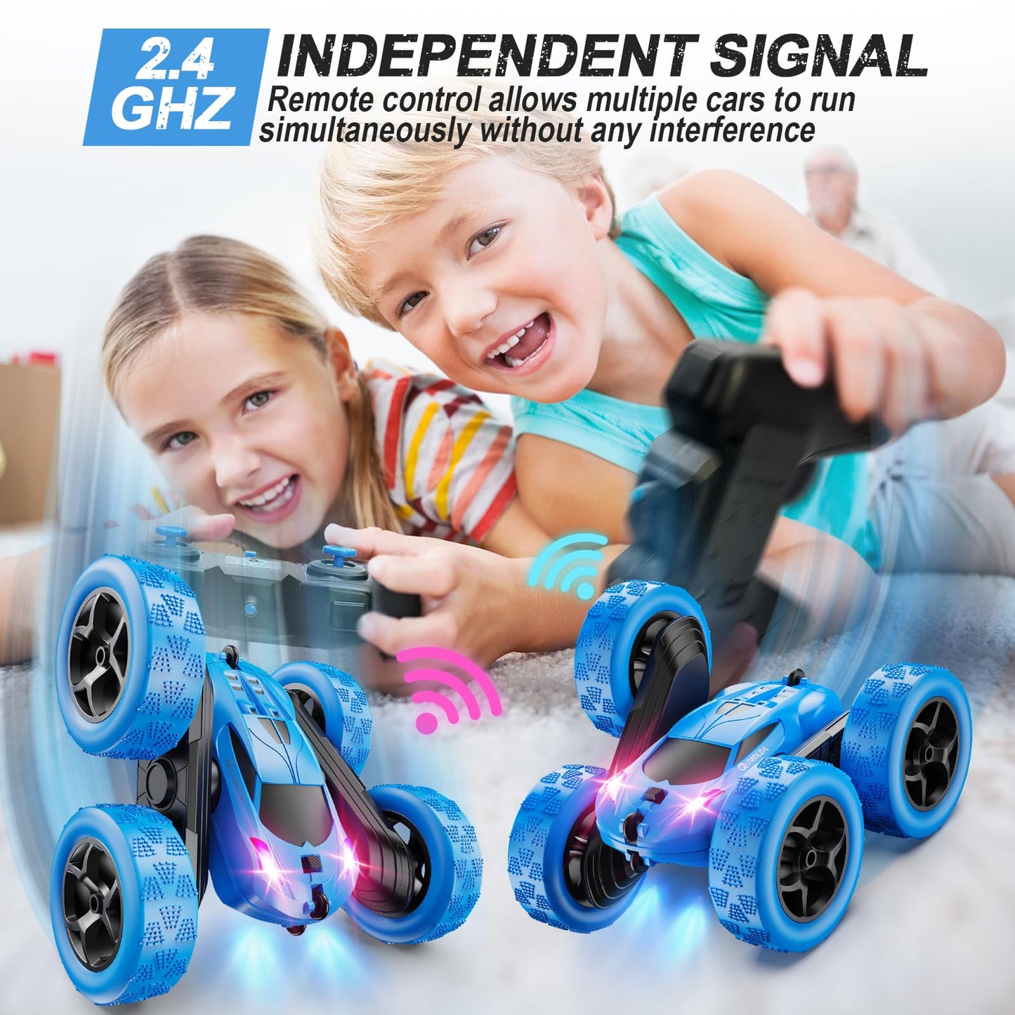 Remote Control Car, RC Cars Toys for Kids Ages 6-12, 4WD Stunt Car with LED Lights & 360° Flips, 2.4GHz, Upgraded USB-C Modular Batteries, 8-10 Year Old Boys Birthday Gift 1-Blue