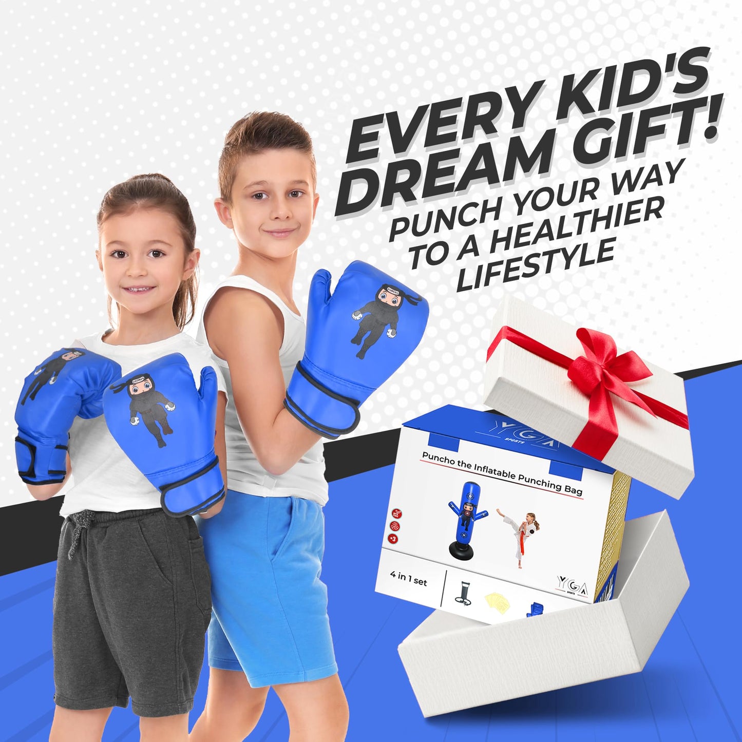 PUNCHO Inflatable Punching Bag for Kids - 63" Boxing Ninja Punching Bag Toy Set for Kids - Karate Gifts for Boys and Girls Age 3-12 - Durable Boxing Equipment for Kidz with Boxing Gloves, Pump, eBook