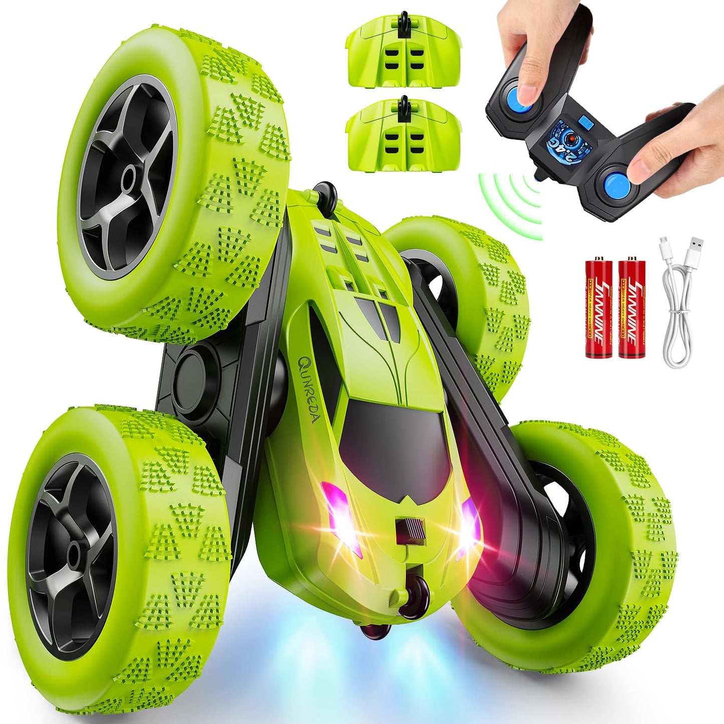 Remote Control Car, RC Cars Toys for Kids Ages 6-12, 4WD Stunt Car with LED Lights & 360° Flips, 2.4GHz, Upgraded USB-C Modular Batteries, 8-10 Year Old Boys Birthday Gift 1-Blue