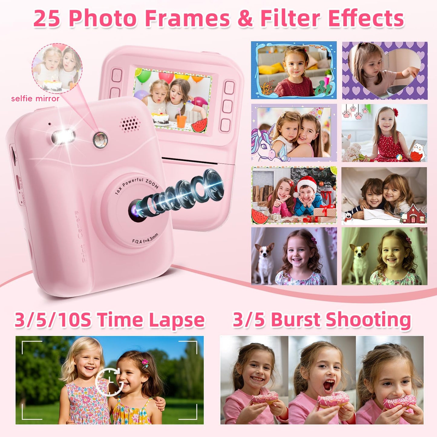 MINIBEAR Instant Print Camera for Kids Camera for Girls 48MP Kids Digital Camera, Toddler Selfie Video Camera Children Camera Christmas Birthday Gifts Toys for 3 4 5 6 7 8 9 10 Year Old Girls, Pink