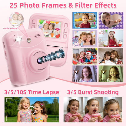 MINIBEAR Instant Print Camera for Kids Camera for Girls 48MP Kids Digital Camera, Toddler Selfie Video Camera Children Camera Christmas Birthday Gifts Toys for 3 4 5 6 7 8 9 10 Year Old Girls, Pink