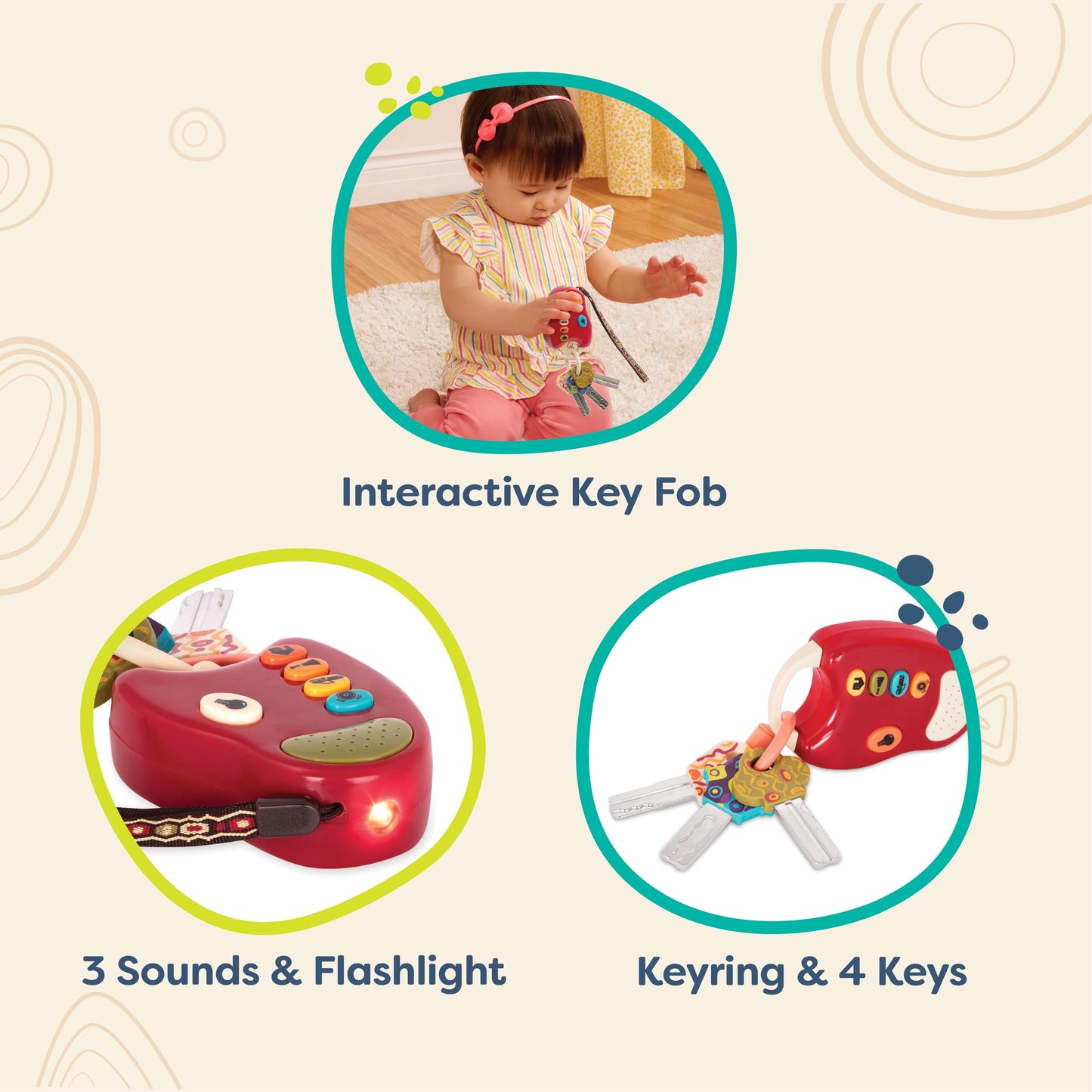 B. toys – Toy Car Keys – Key Fob with Lights & Sounds – Interactive Baby Toy – Pretend Keys for Babies, Toddlers – 10 Months + – FunKeys – Purple