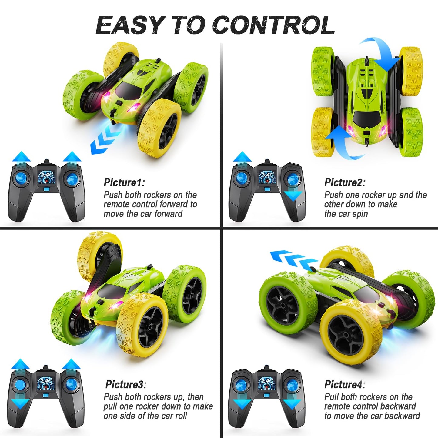 Remote Control Car, RC Cars Toys for Kids Ages 6-12, 4WD Stunt Car with LED Lights & 360° Flips, 2.4GHz, Upgraded USB-C Modular Batteries, 8-10 Year Old Boys Birthday Gift 1-Blue