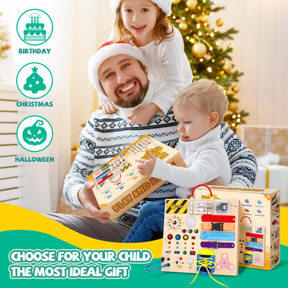 Busy Board, Montessori Toy for 1-3 Years Old, Wooden Toddler Sensory Travel Toy, Ideal Gift for 1+ Year Old Boys (Busy Board Plus V2), Medium, Yellow