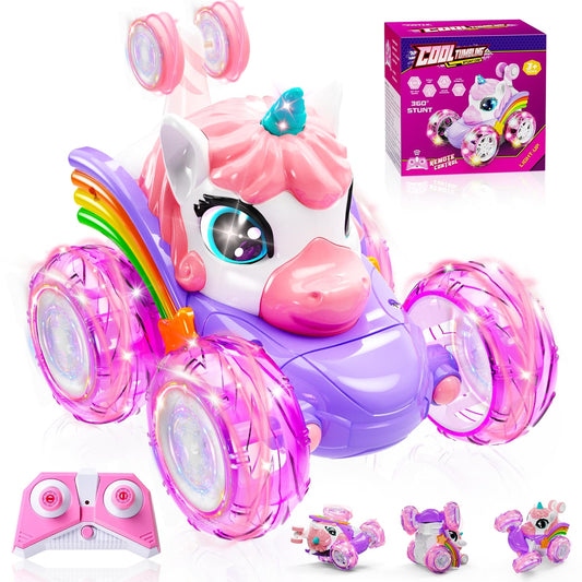 Unicorn Remote Control Car for Girls, 360° Rotating 4WD Stunt RC Cars with Cute Lights, Rechargeable Car Toys Birthday Gifts for Kids Girl Age 3 4-6 6-8