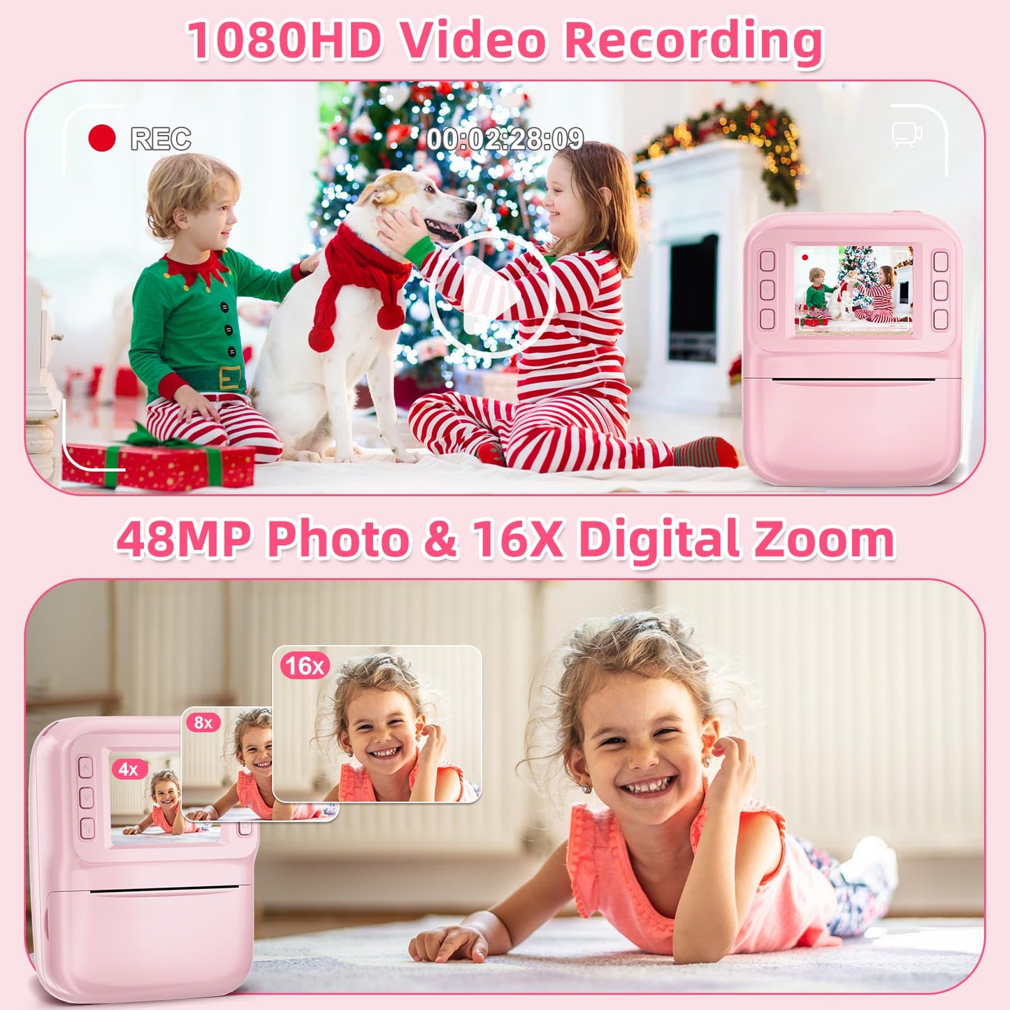 MINIBEAR Instant Print Camera for Kids Camera for Girls 48MP Kids Digital Camera, Toddler Selfie Video Camera Children Camera Christmas Birthday Gifts Toys for 3 4 5 6 7 8 9 10 Year Old Girls, Pink