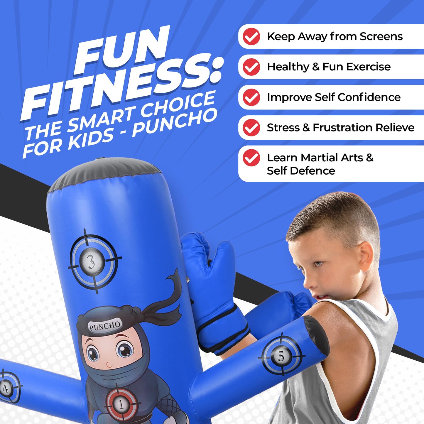 PUNCHO Inflatable Punching Bag for Kids - 63" Boxing Ninja Punching Bag Toy Set for Kids - Karate Gifts for Boys and Girls Age 3-12 - Durable Boxing Equipment for Kidz with Boxing Gloves, Pump, eBook