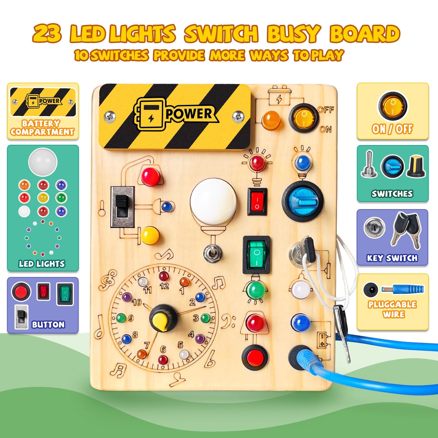 Busy Board, Montessori Toy for 1-3 Years Old, Wooden Toddler Sensory Travel Toy, Ideal Gift for 1+ Year Old Boys (Busy Board Plus V2), Medium, Yellow