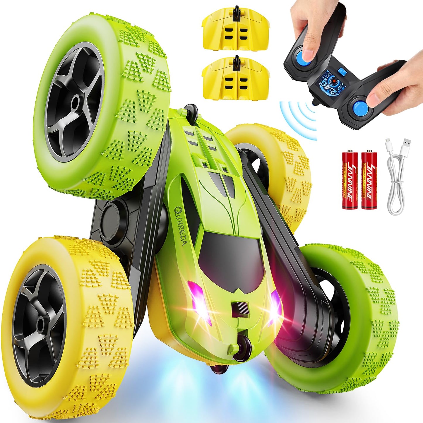 Remote Control Car, RC Cars Toys for Kids Ages 6-12, 4WD Stunt Car with LED Lights & 360° Flips, 2.4GHz, Upgraded USB-C Modular Batteries, 8-10 Year Old Boys Birthday Gift 1-Blue