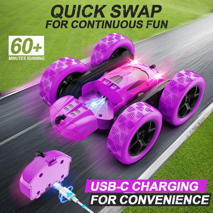 Remote Control Car, RC Cars Toys for Kids Ages 6-12, 4WD Stunt Car with LED Lights & 360° Flips, 2.4GHz, Upgraded USB-C Modular Batteries, 8-10 Year Old Boys Birthday Gift 1-Blue