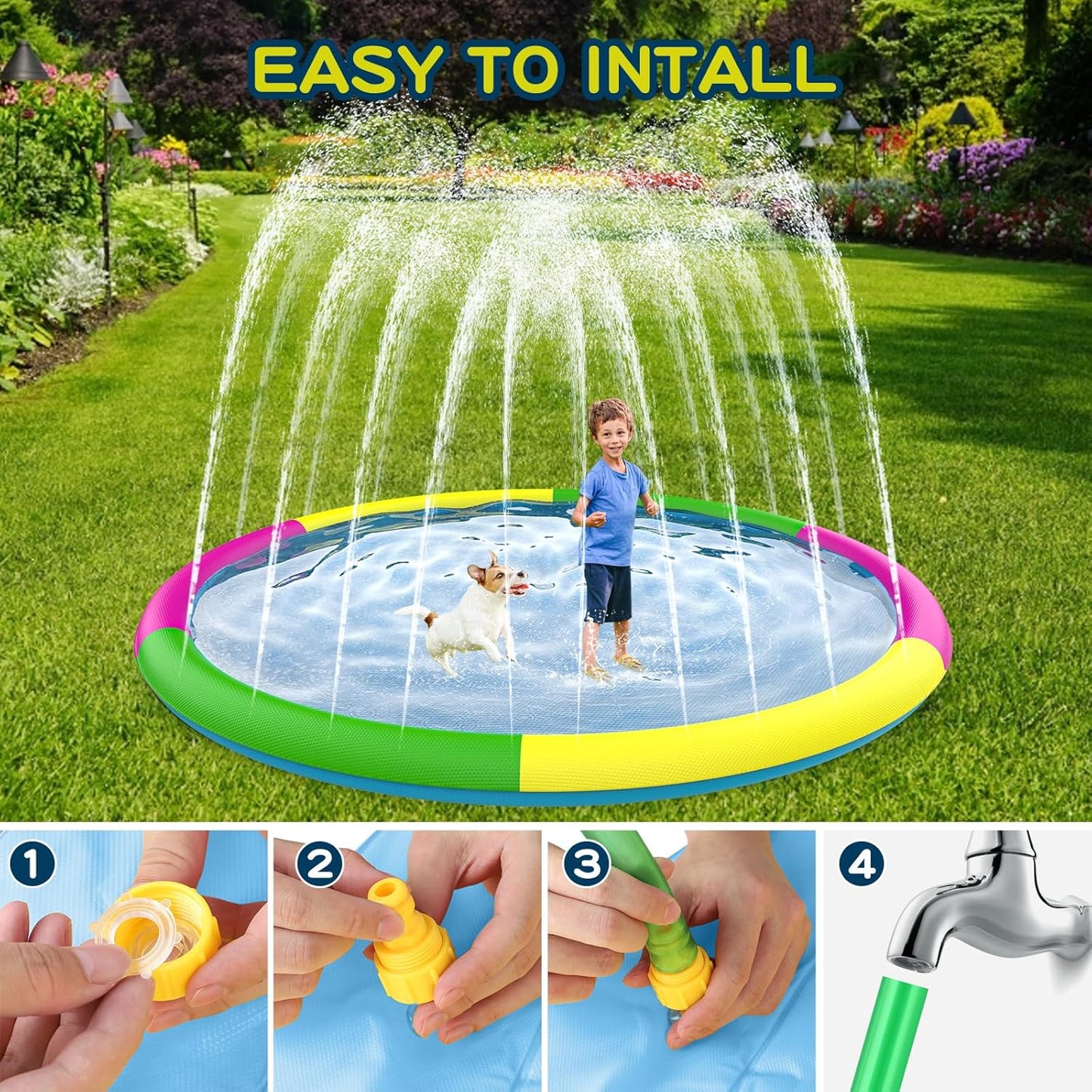 Growsland Splash Pad for Toddlers, Outdoor Sprinkler for Kids, 67" Summer Water Toys Inflatable Wading Baby Pool Fun Gifts for 3 4 5 6 7 8 9 Years Old Boy Girl Backyard Garden Lawn Outdoor Games