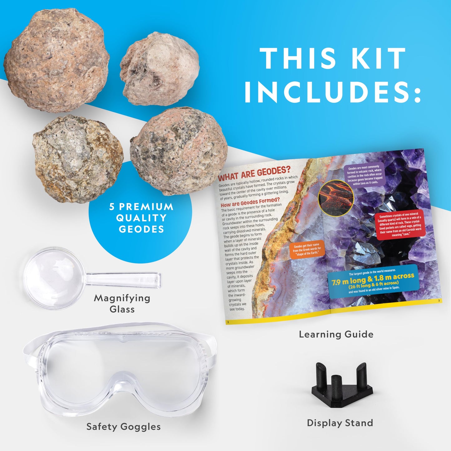 NATIONAL GEOGRAPHIC Break Open 10 Premium Geodes – Includes Goggles and 2 Display Stands - Great STEM Science Kit, Geology Gift for Kids, Break Your Own Geodes with Crystals, Toys for Boys and Girls