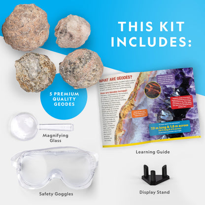NATIONAL GEOGRAPHIC Break Open 10 Premium Geodes – Includes Goggles and 2 Display Stands - Great STEM Science Kit, Geology Gift for Kids, Break Your Own Geodes with Crystals, Toys for Boys and Girls
