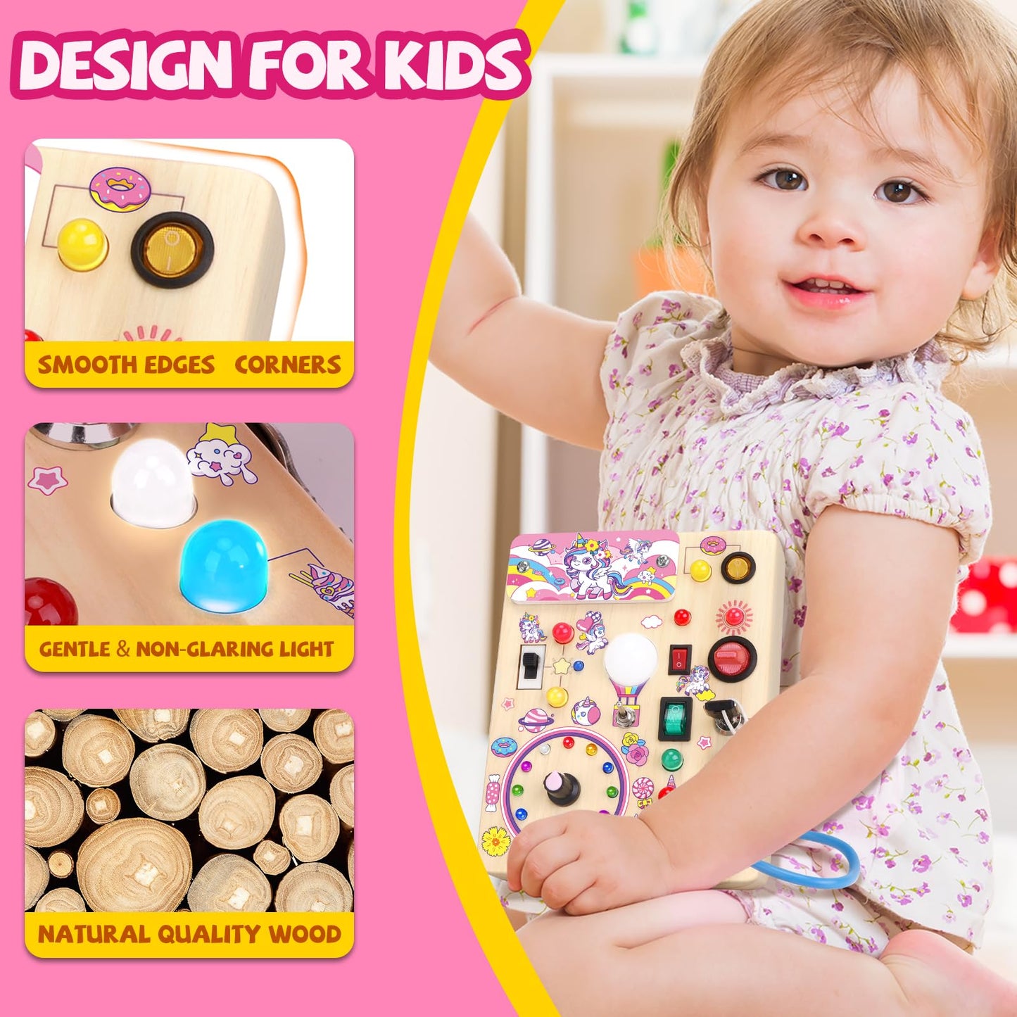Busy Board, Montessori Toy for 1-3 Years Old, Wooden Toddler Sensory Travel Toy, Ideal Gift for 1+ Year Old Boys (Busy Board Plus V2), Medium, Yellow