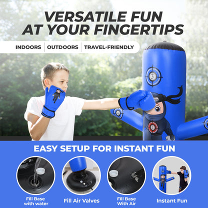 PUNCHO Inflatable Punching Bag for Kids - 63" Boxing Ninja Punching Bag Toy Set for Kids - Karate Gifts for Boys and Girls Age 3-12 - Durable Boxing Equipment for Kidz with Boxing Gloves, Pump, eBook