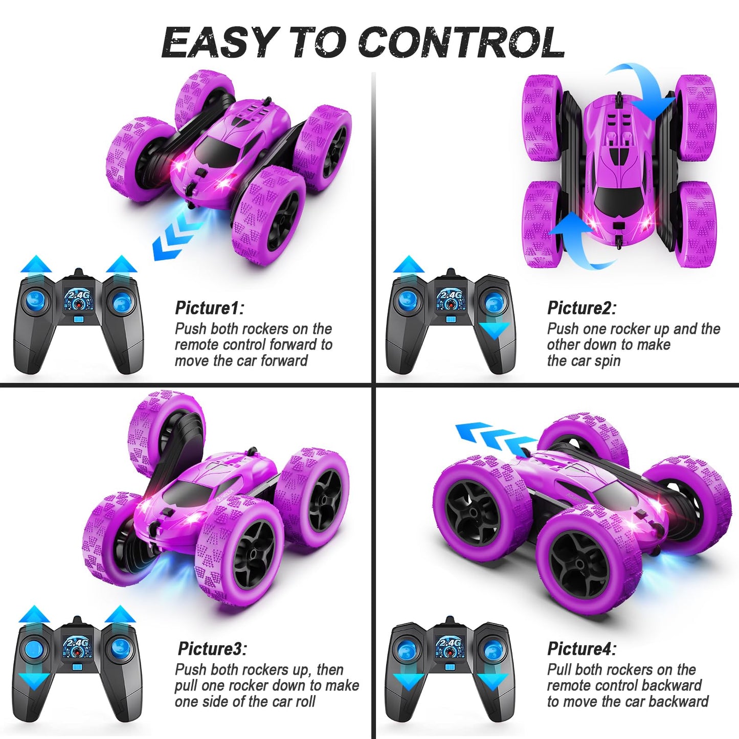 Remote Control Car, RC Cars Toys for Kids Ages 6-12, 4WD Stunt Car with LED Lights & 360° Flips, 2.4GHz, Upgraded USB-C Modular Batteries, 8-10 Year Old Boys Birthday Gift 1-Blue