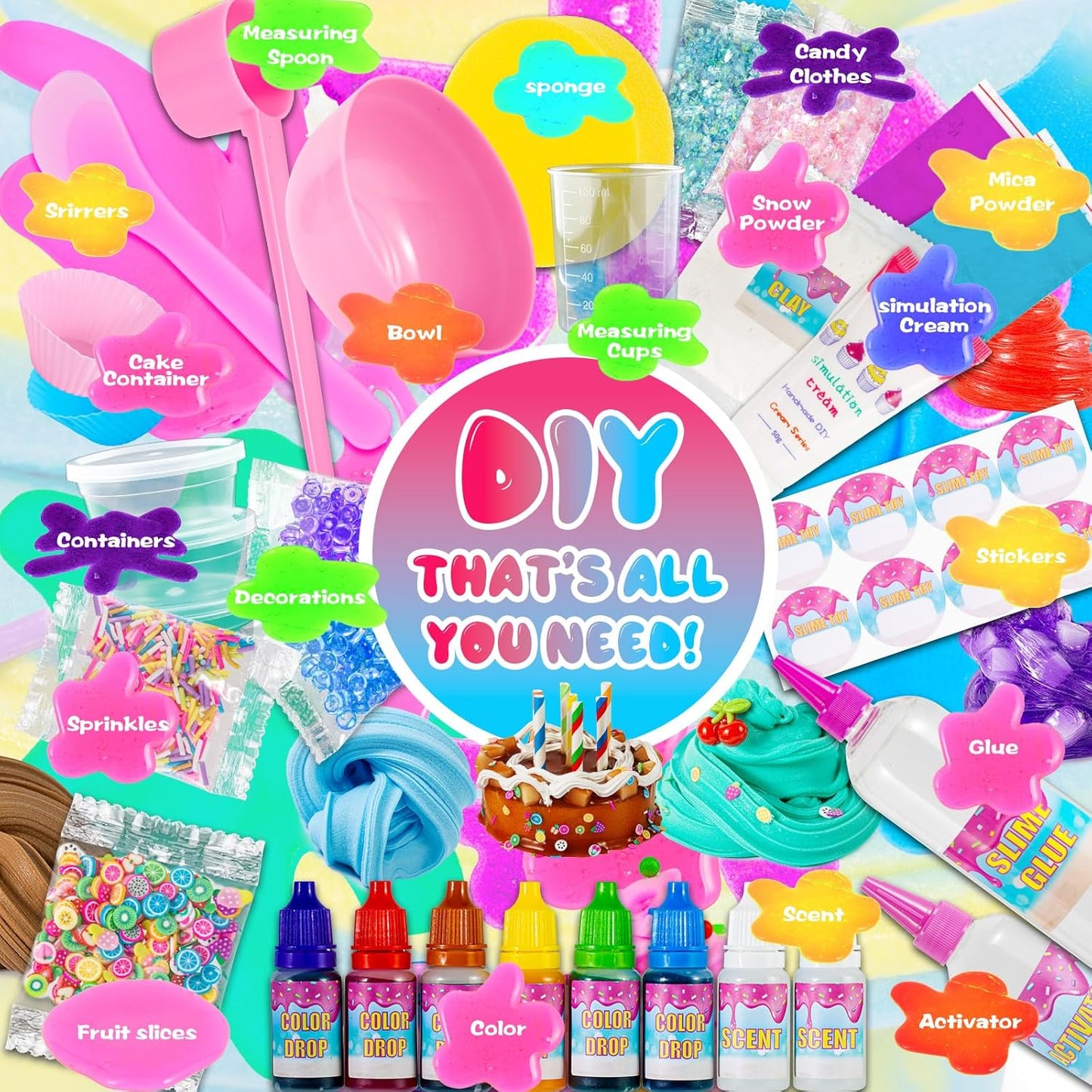Jumbo DIY Slime Making Kit with Colors, Glitters, Containers, Mixing Tools, Storage Box, Multiple Combinations